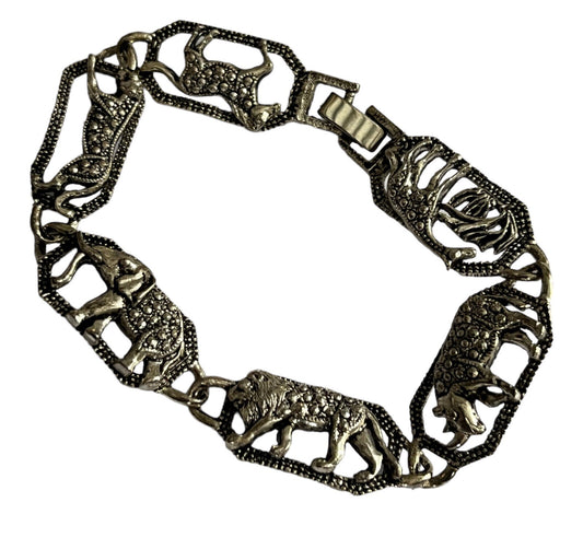 Vintage Silver Tone Marcasite Animals Elephant Lion Leopard Bracelet