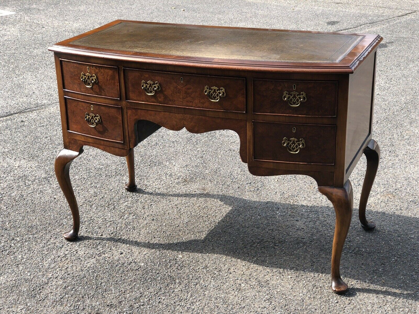 1930’s Walnut Desk, Leather Top, Brass Handles.