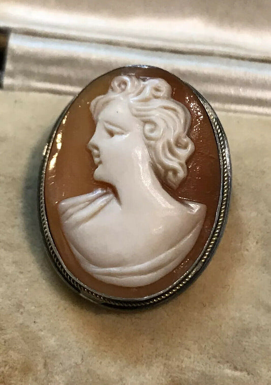 Vintage Silver 800 Shell Cameo Brooch Pendant