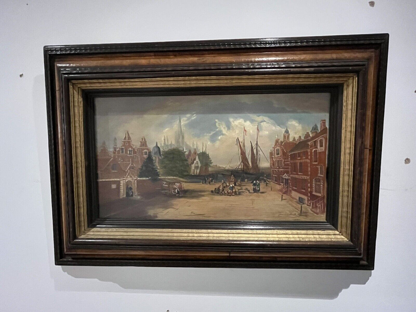 Antique Dutch Canal Scene Oil Painting, Signed F Knot In Frame