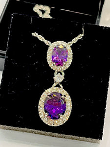 Vintage 1980s Rhodium Plated Purple Crystal Drop Necklace Boxed