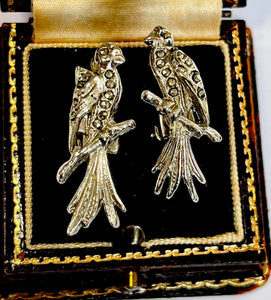 Vintage Silver Tone Marcasite Parrot Clip On Earrings