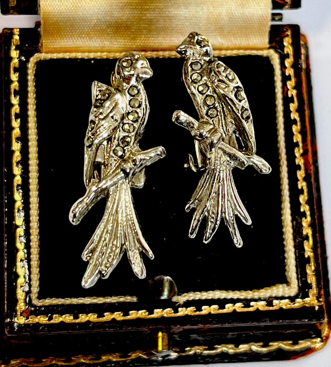 Vintage Silver Tone Marcasite Parrot Clip On Earrings