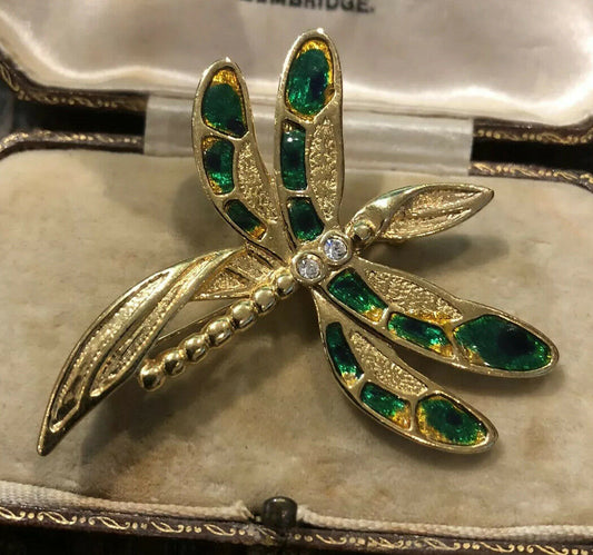 Vintage Gold Tone Diamanté Enamel Dragonfly Brooch