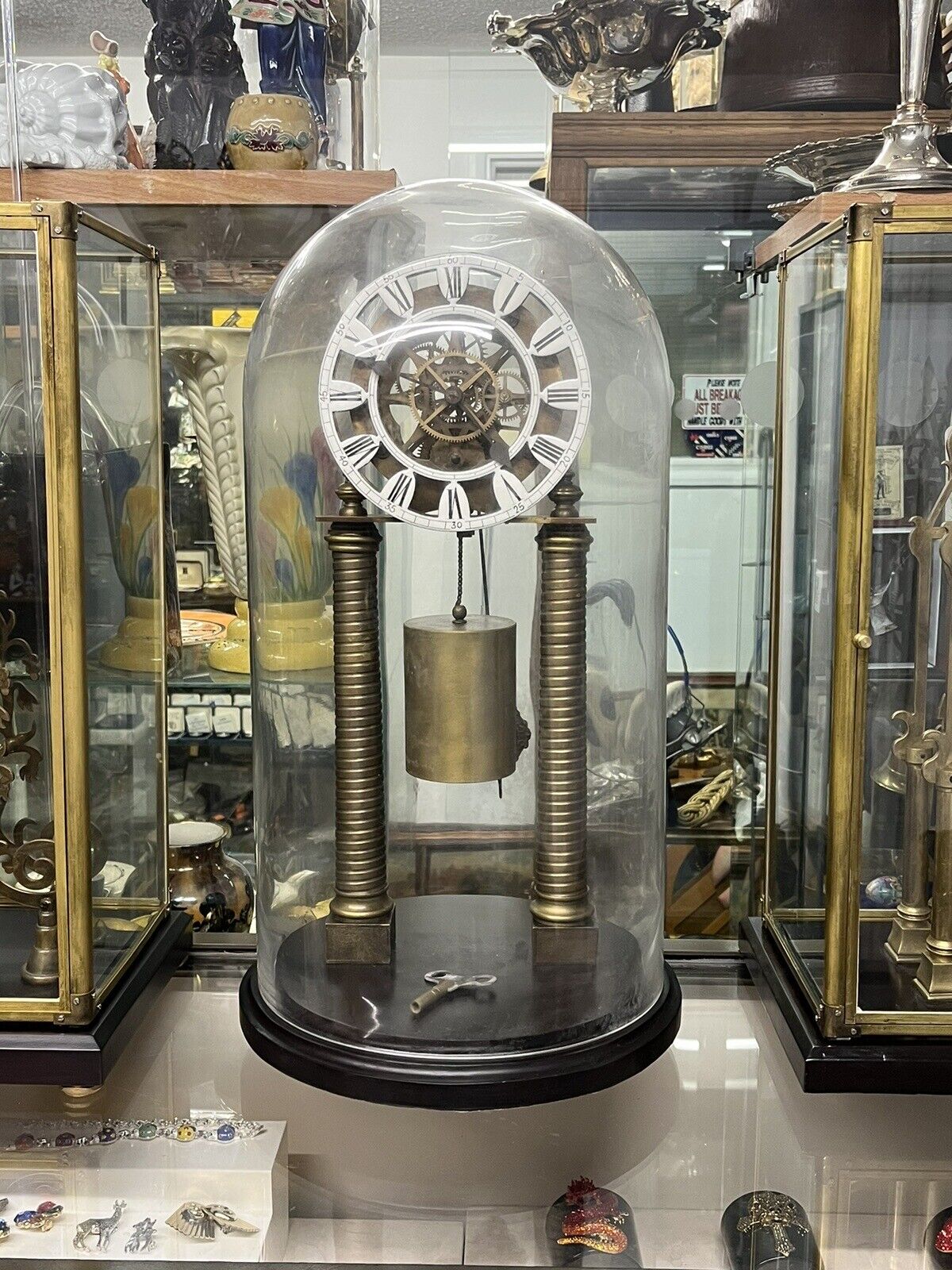 Skeleton Clock With Glass Dome. With Key. Large & Impressive