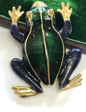 Vintage Gold Tone Green Blue Enamel Statement Frog Brooch