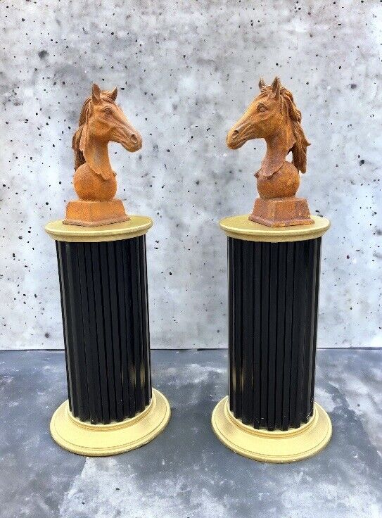 Pair Of Horse Head Statues, Cast Iron, Large In Size