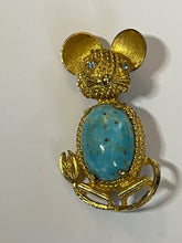 Vintage Gold Tone Turquoise Jelly Belly Mouse Brooch Signed Art
