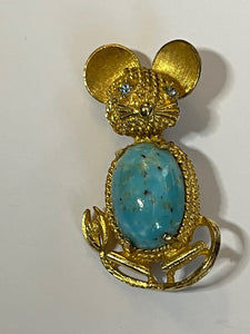 Vintage Gold Tone Turquoise Jelly Belly Mouse Brooch Signed Art