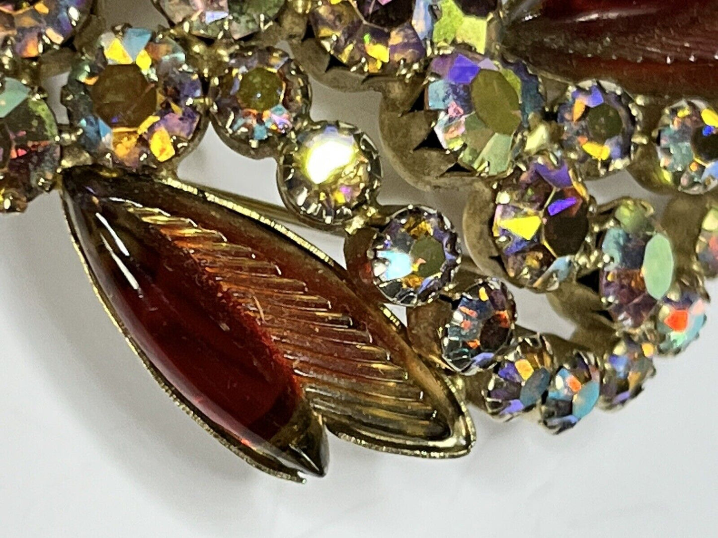 Vintage Red Glass Aurora Borealis Signed Gold Tone Brooch