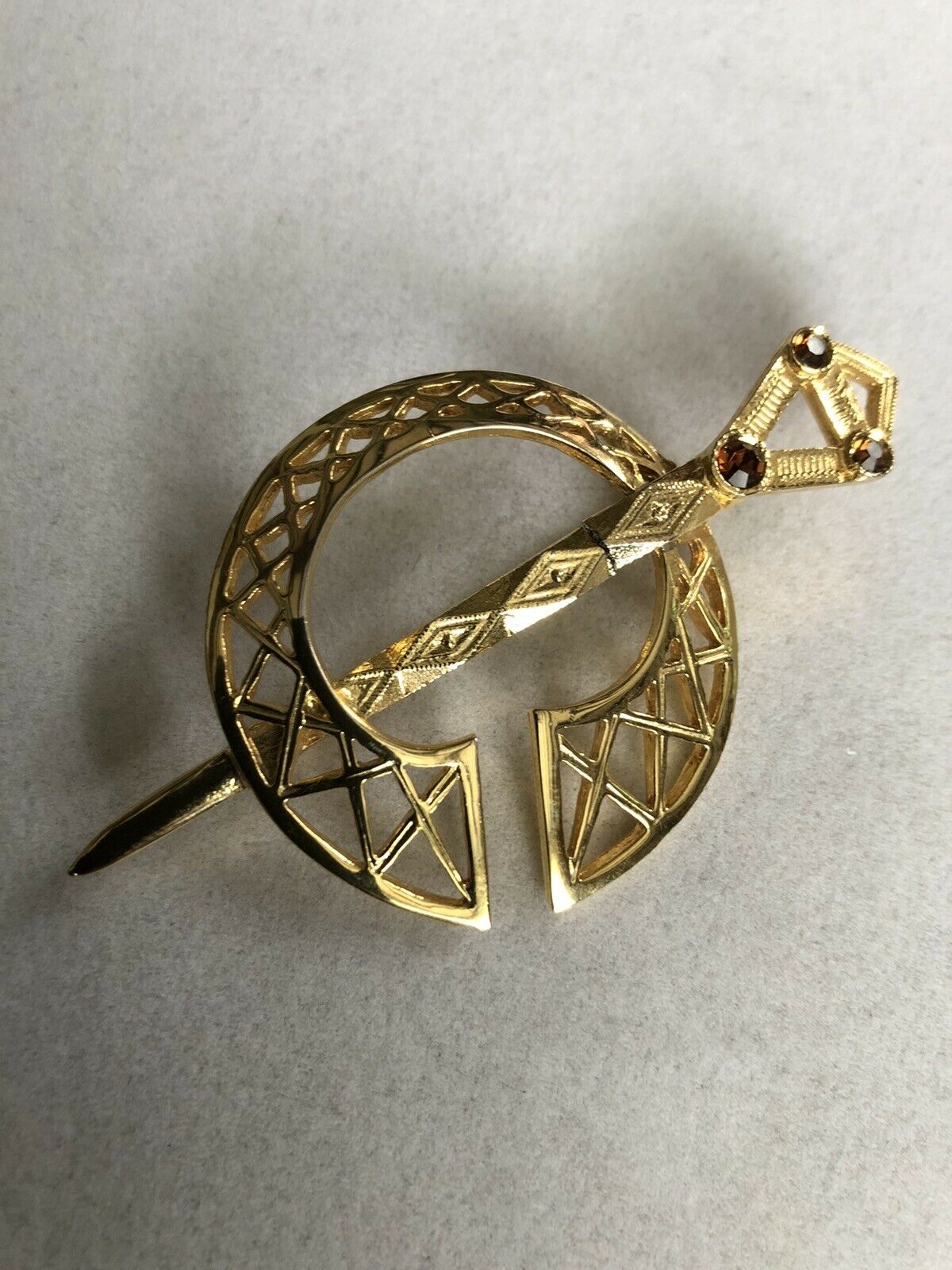 Vintage Gold Plated Celtic Diamanté Brooch Signed
