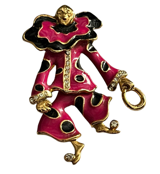 Vintage Gold Tone Pink Enamel Diamante Articulated Clown