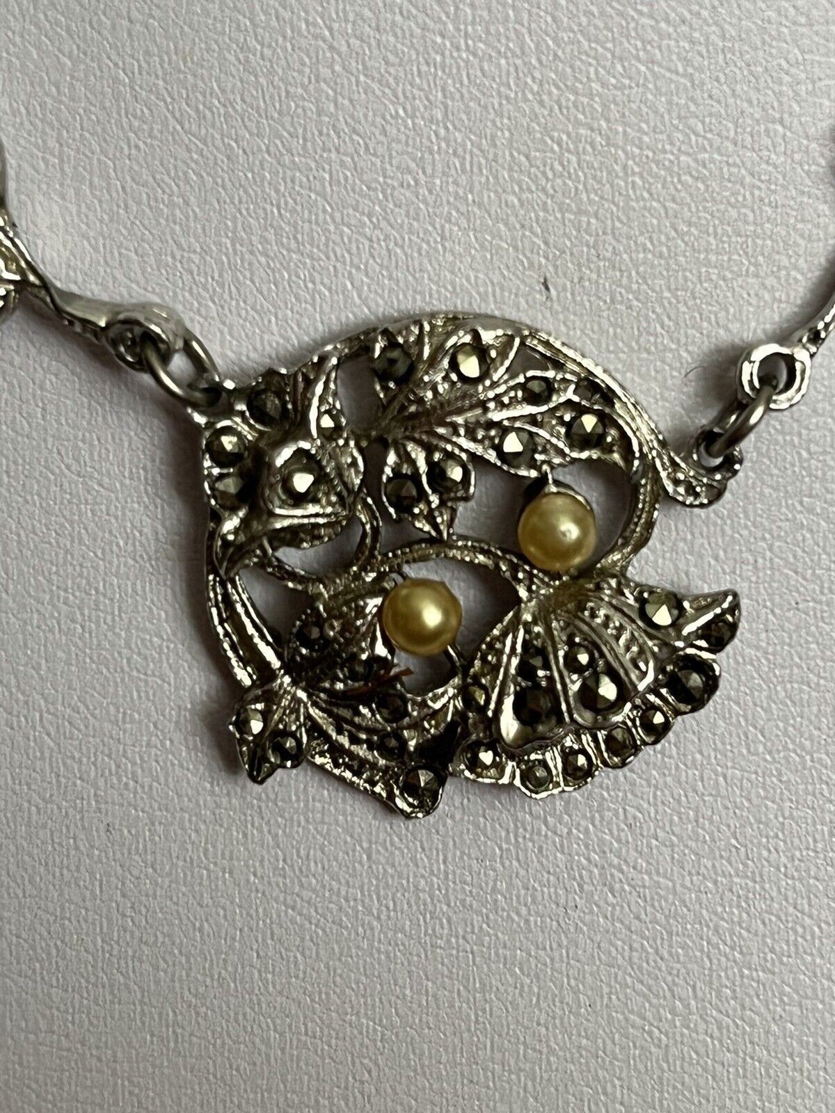 Vintage Marcasite Faux Pearl Flowers Necklace
