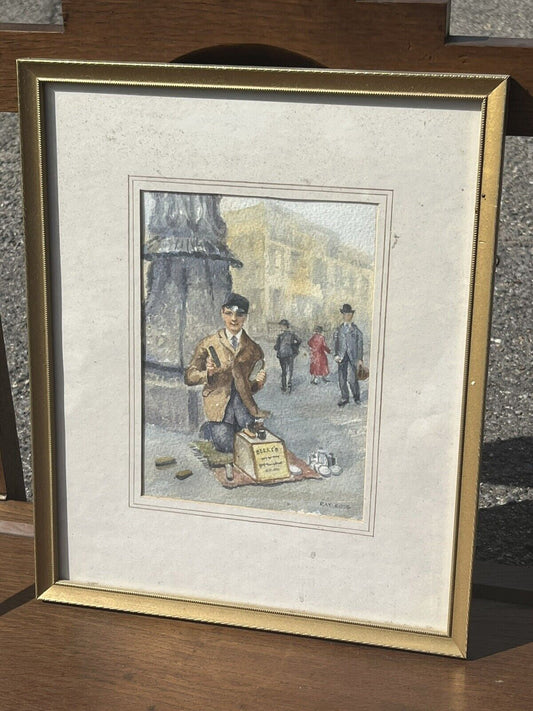 London Characters. Framed & Signed Watercolour By Ray Ross. “Shoe Shine”