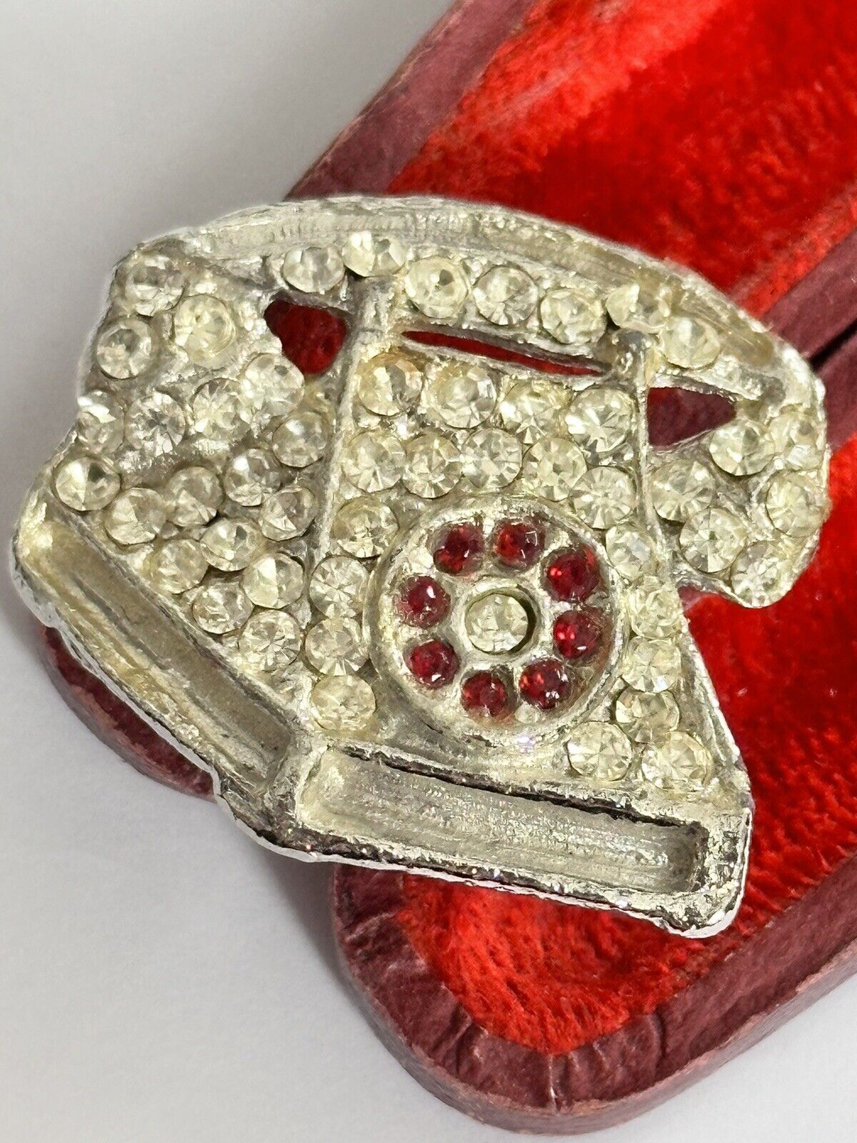 Vintage Old Silver Tone Clear Red Paste Telephone Brooch