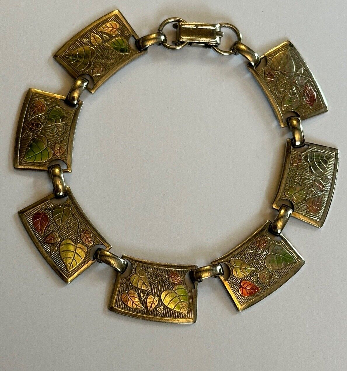 Vintage Detailed Pink Green Leaves Silver Tone Bracelet