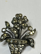 Vintage Unique Silver Tone Marcasite Flower Pot Clip On Earrings