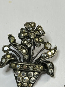 Vintage Unique Silver Tone Marcasite Flower Pot Clip On Earrings