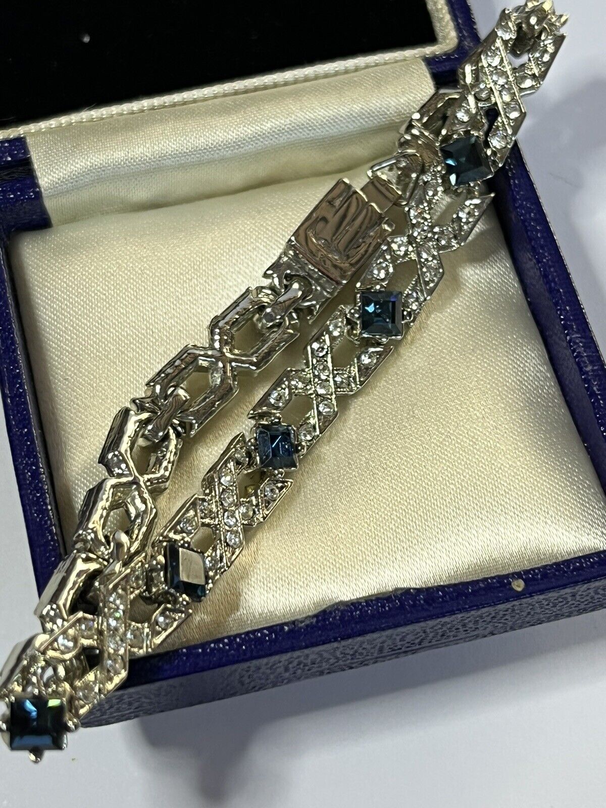 Vintage Silver Tone Clear Blue Diamanté Bracelet