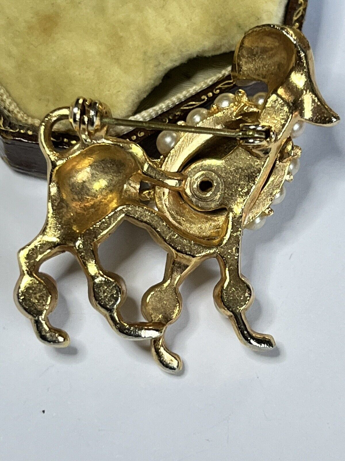 Vintage Gold Tone Faux Pearl Poodle Brooch
