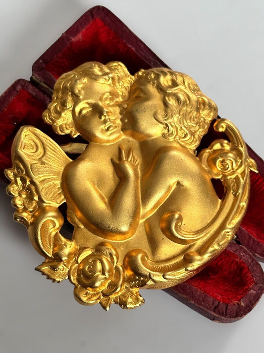 Vintage Gold Tone Cherub Statement  Brooch