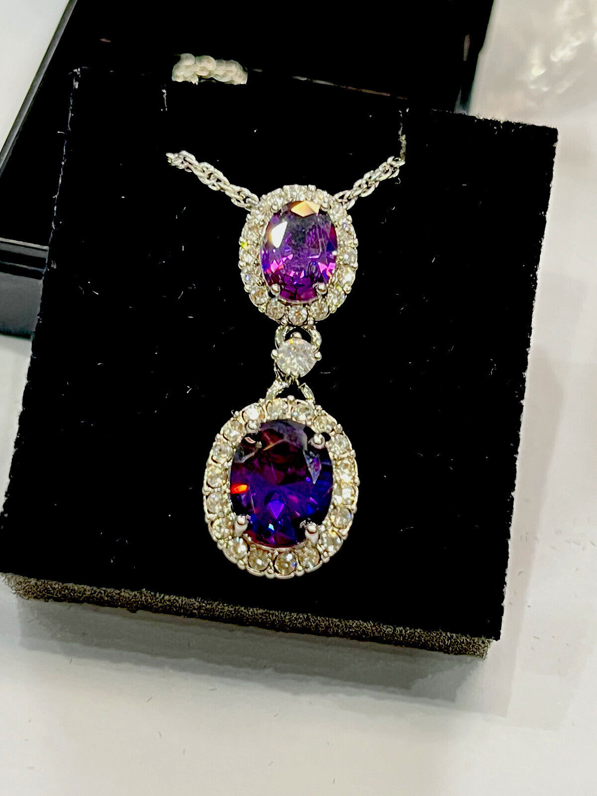 Vintage 1980s Rhodium Plated Purple Crystal Drop Necklace Boxed