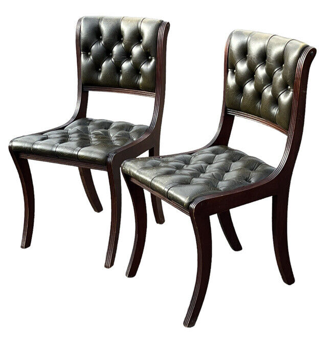 Pair Of Desk Chairs In Green Leather With Buttoned Backs.