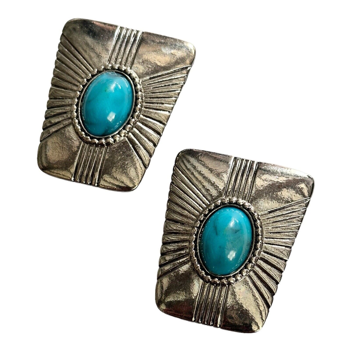 Vintage Silver Tone Faux Turquoise Clip On Earrings