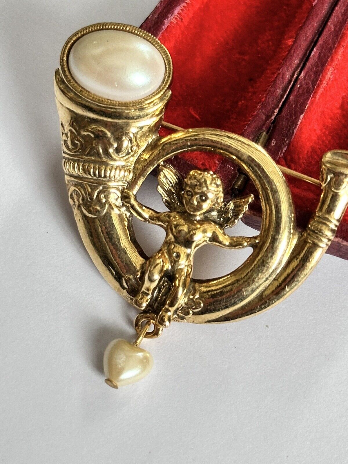 Vintage Gold Tone Faux Pearl Cherub Heart Brooch