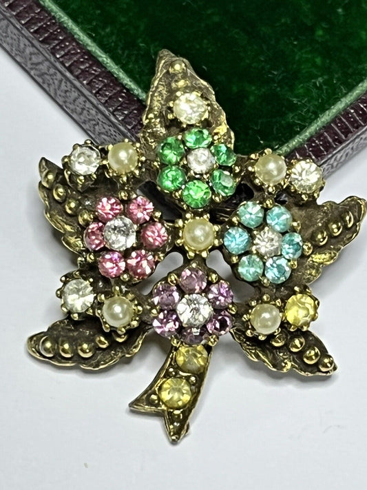 Vintage Leaf Flowers Multicoloured Diamanté Faux Pearl Brooch