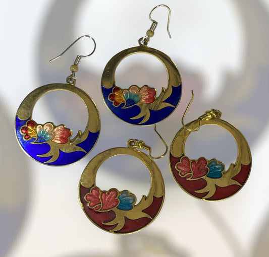 Vintage Enamel Cloisonné Hoop Drop Earrings Set Of Two