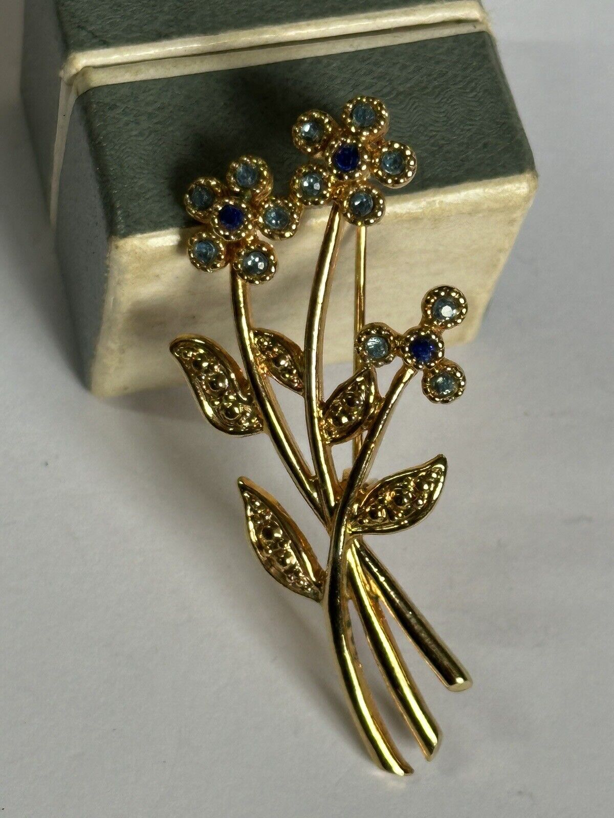 Vintage Gold Plated Movitex Flower Spray Blue Stone Brooch