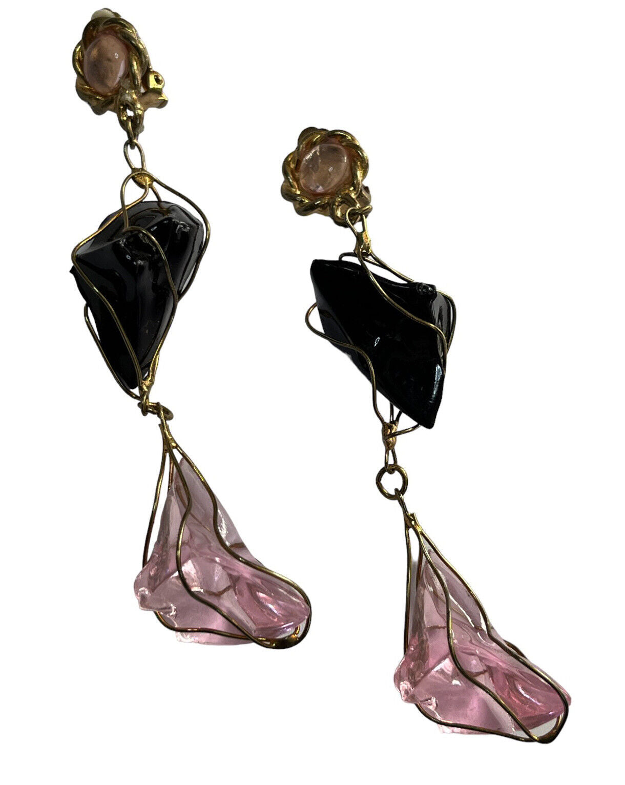 Vintage 1980s Black Pink Acrylic Long Length Statement Earrings