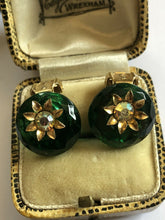 Vintage Green Glass Diamanté Clip On Earrings