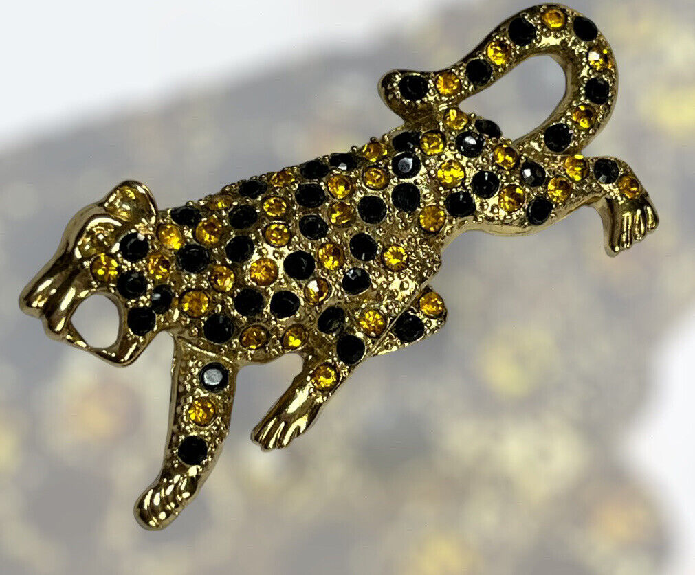 Vintage Gold Tone Leopard Diamanté Brooch