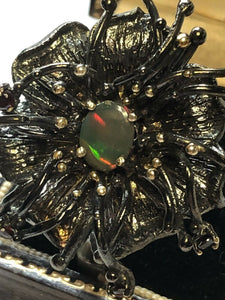 Vintage Gunmetal Silver 925 CZ and Black Opal Detailed Flower Ring Size N