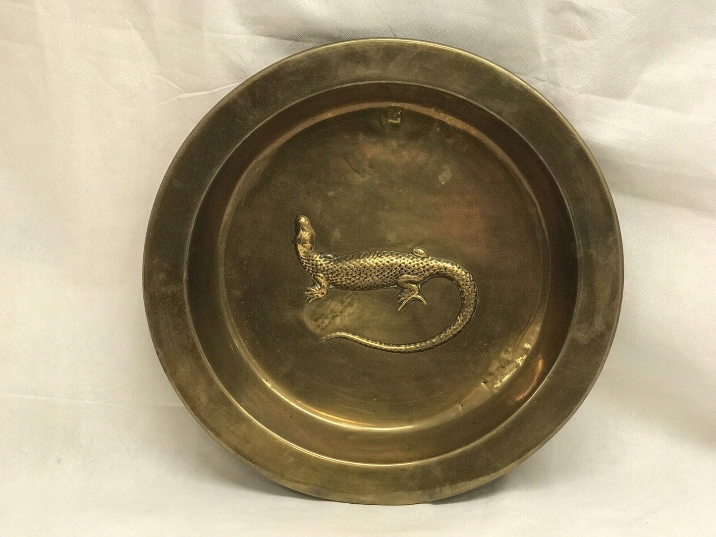 Arts And Crafts Brass And Copper Wall Charger Decorated With A Lizard.