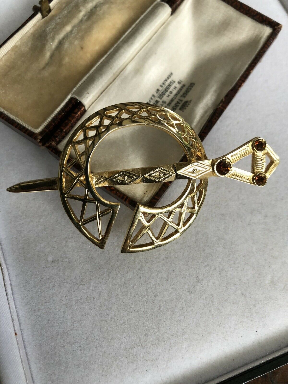 Vintage Gold Plated Celtic Diamanté Brooch Signed