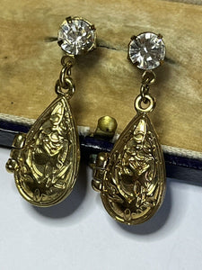 Vintage Gold Tone Locket Drop Earrings