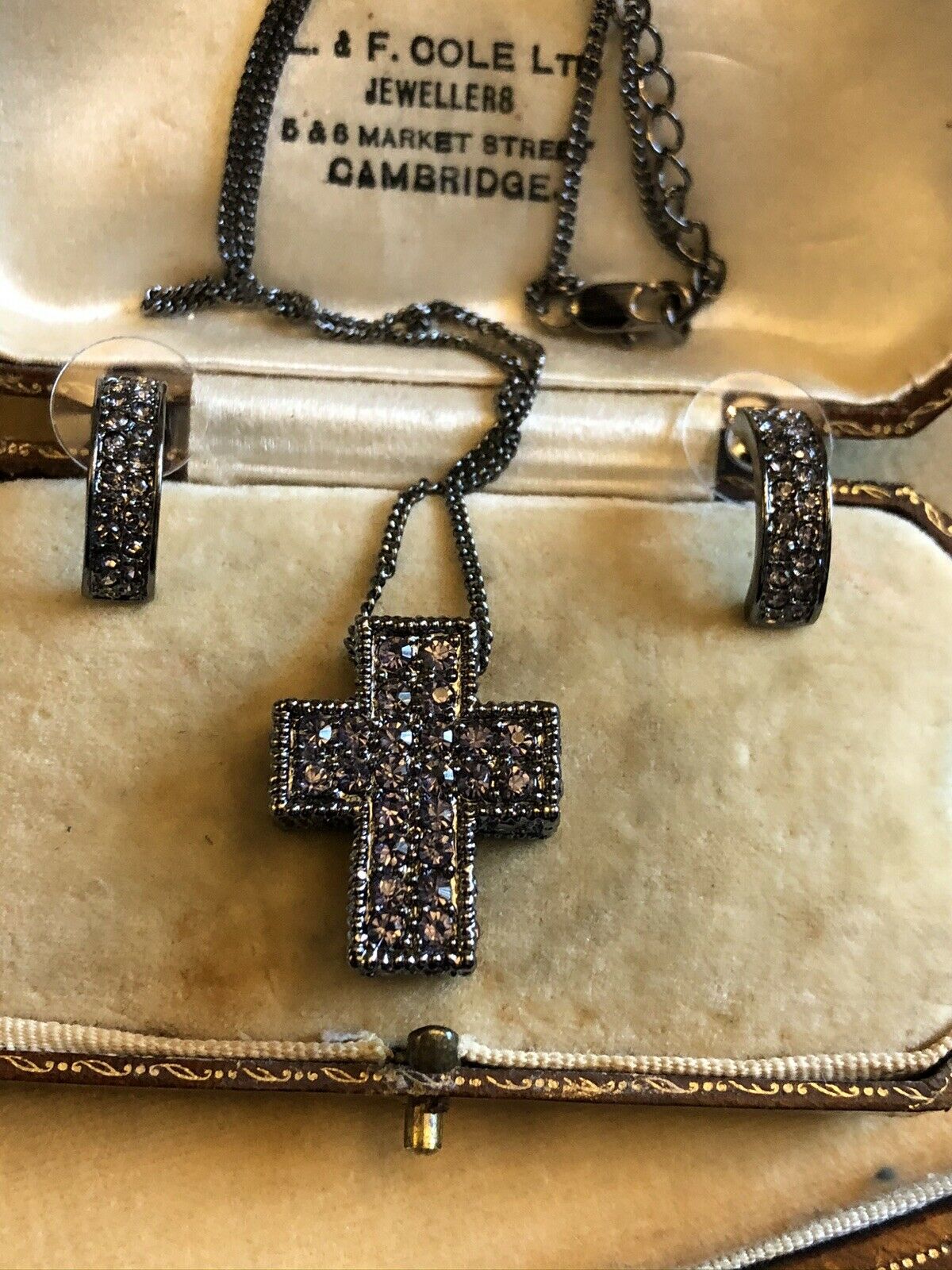 Vintage Gun Metal Diamanté Crucifix Cross Necklace And Earring Set