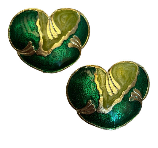 Vintage Gold Tone Green Enamel Statement Earrings
