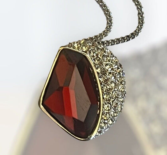 Vintage 1980s Rhodium Plated Red Crystal Necklace New Old Stock