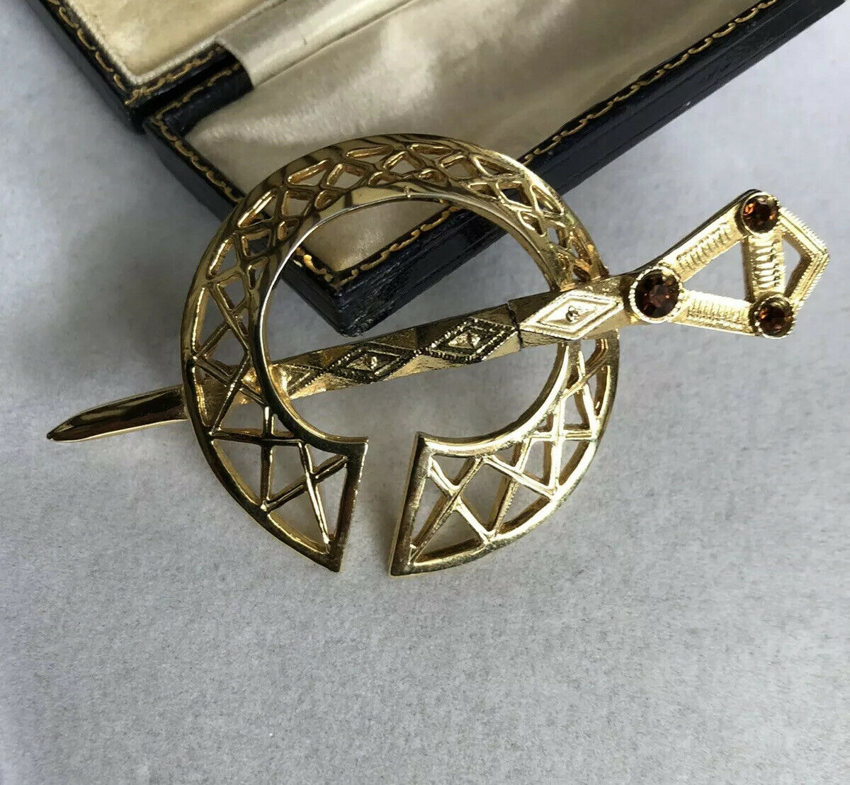 Vintage Gold Plated Celtic Diamanté Brooch Signed