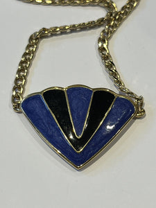 Vintage Gold Plated Blue Black Enamel Signed Necklace