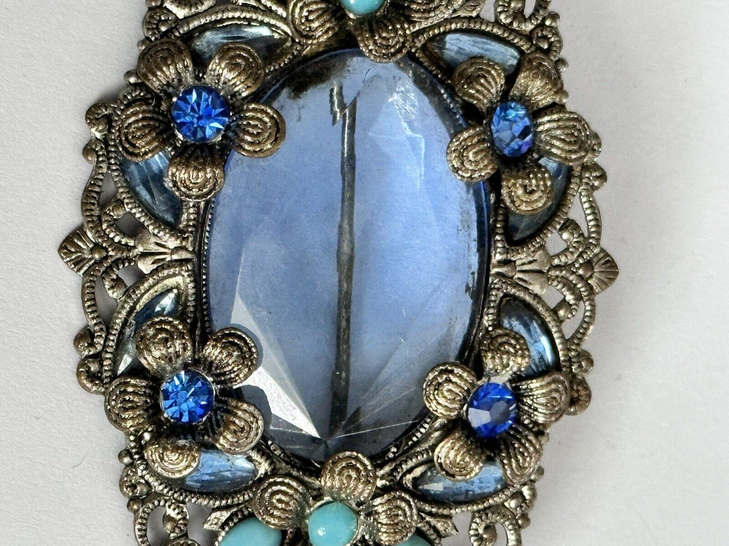 Vintage Blue Faux Turquoise Czech Crystal Brooch