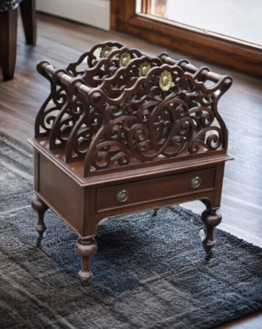 Mahogany Canterbury Magazine Rack With Drawer