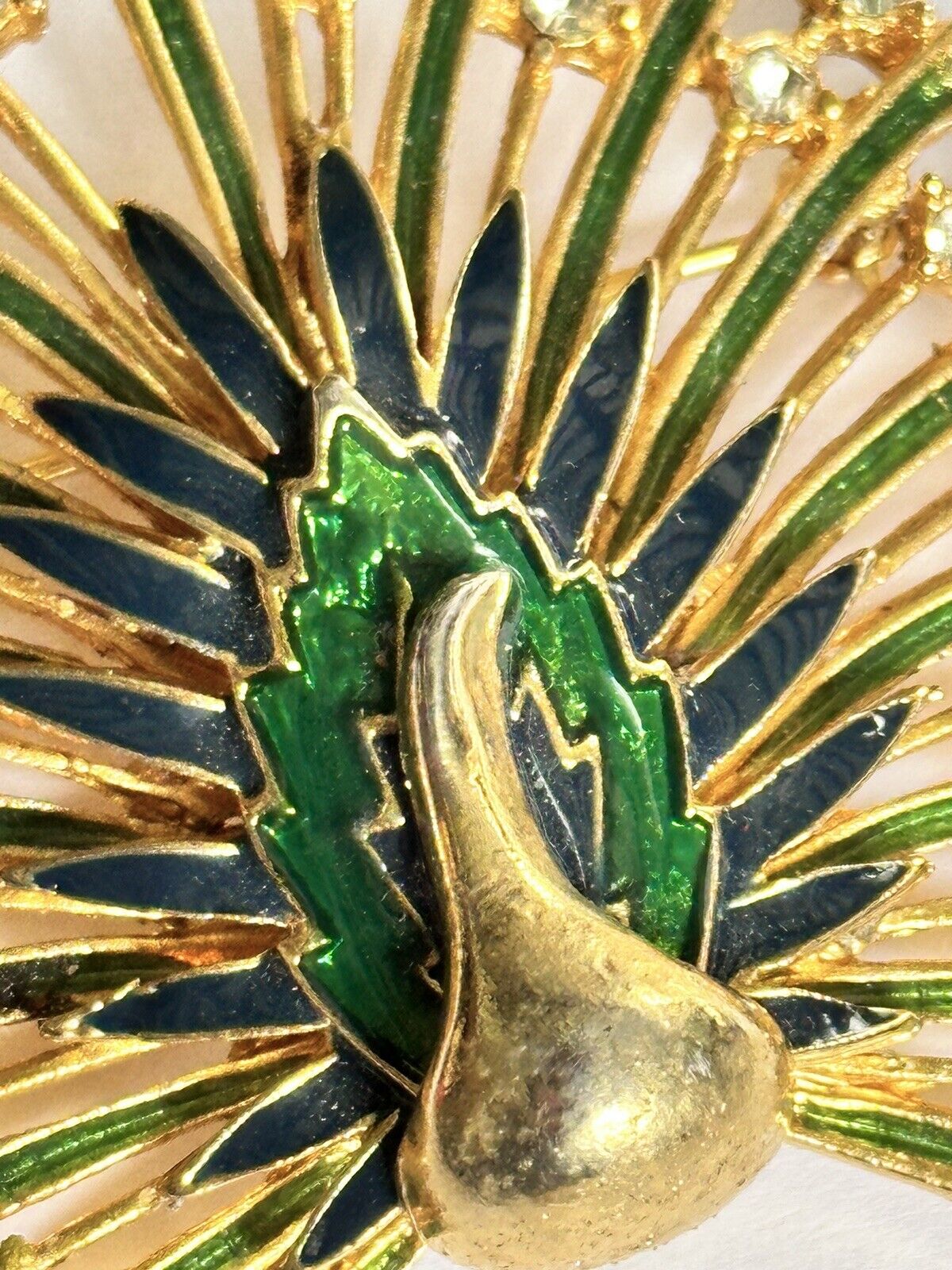 Vintage Green Blue Enamel Diamanté Gold Tone Brooch