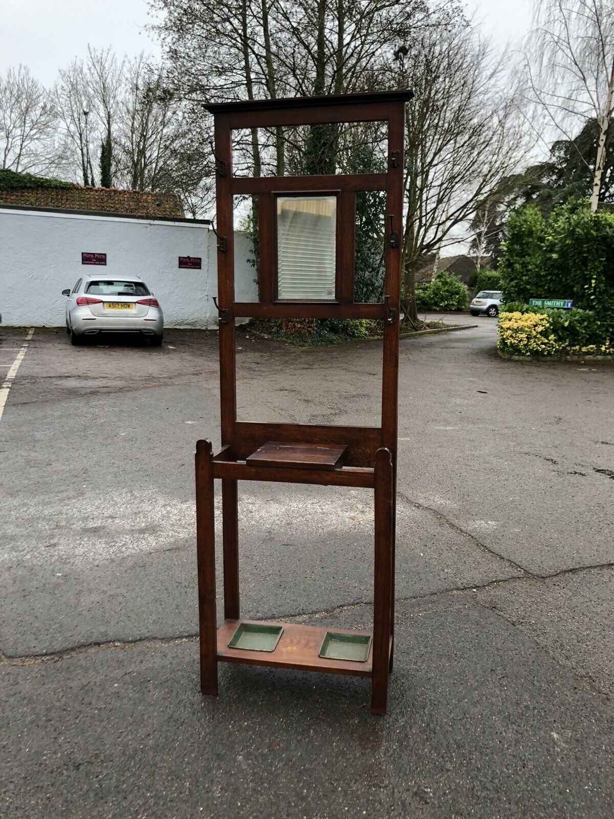Edwardian Oak Coat Stand. Light Oak. Mirror & Drawer With Umbrella Stands.
