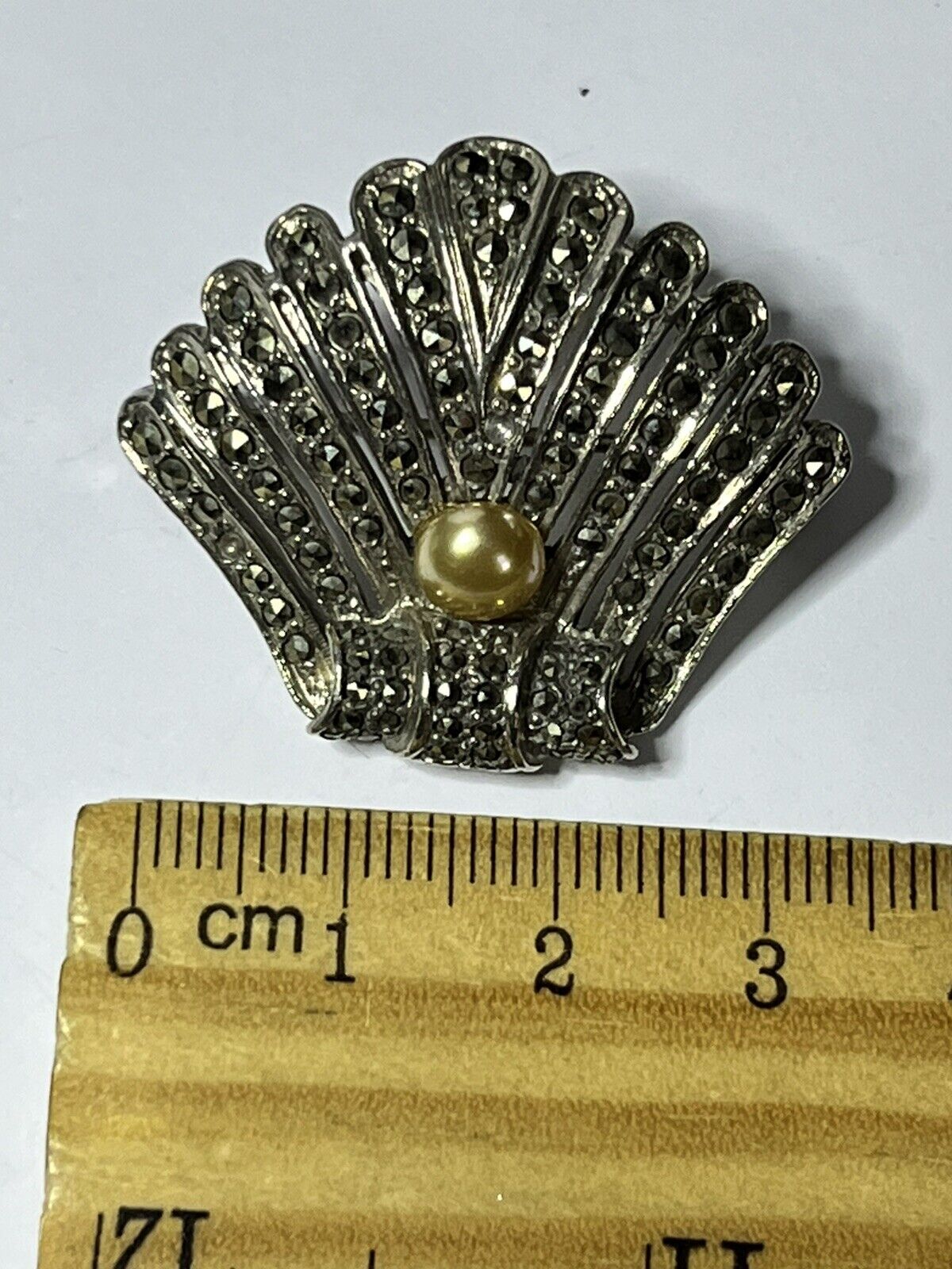 Vintage Deco Silver Tone Marcasite Faux Pearl Shell Brooch