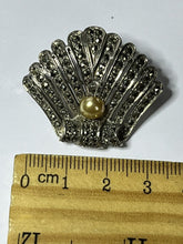 Vintage Deco Silver Tone Marcasite Faux Pearl Shell Brooch